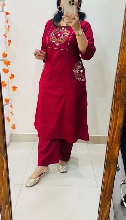 Cotton Straight Kurti Pant Set with Embroidery & Two Side Pockets