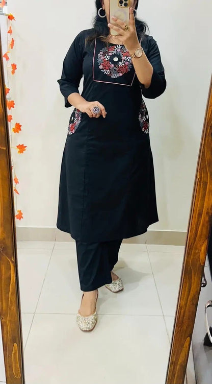 Cotton Straight Kurti Pant Set with Embroidery & Two Side Pockets