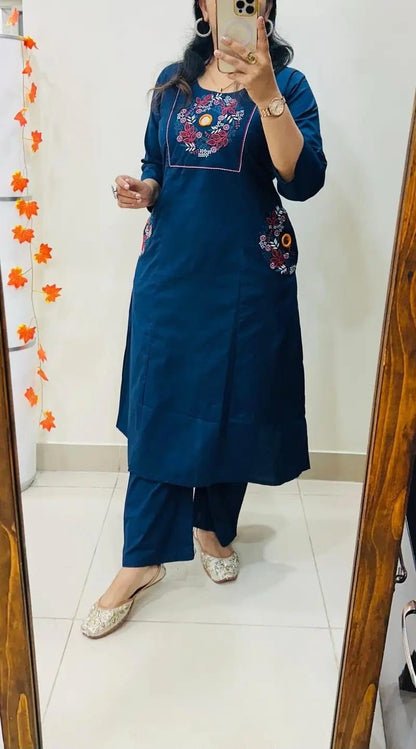 Cotton Straight Kurti Pant Set with Embroidery & Two Side Pockets