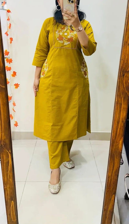 Cotton Straight Kurti Pant Set with Embroidery & Two Side Pockets