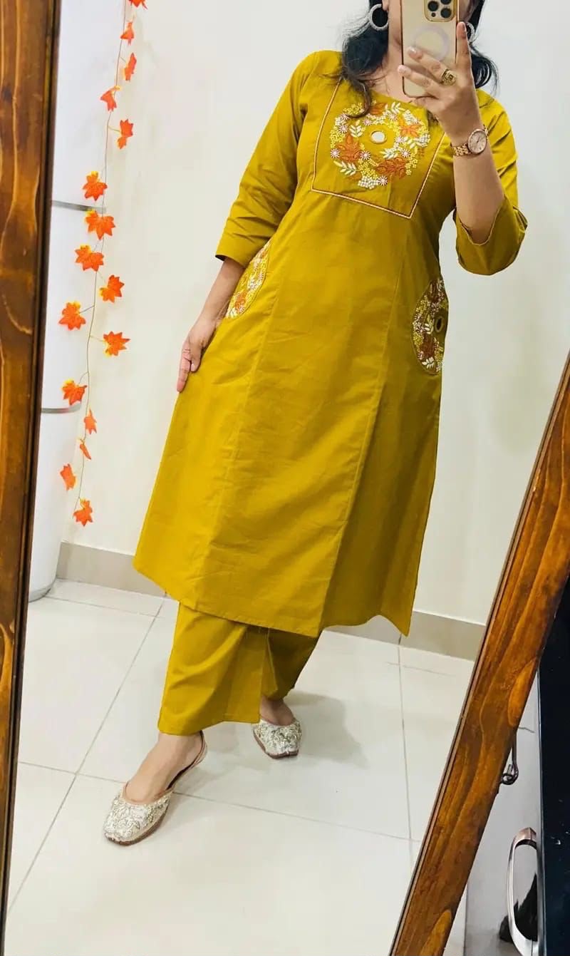 Cotton Straight Kurti Pant Set with Embroidery & Two Side Pockets