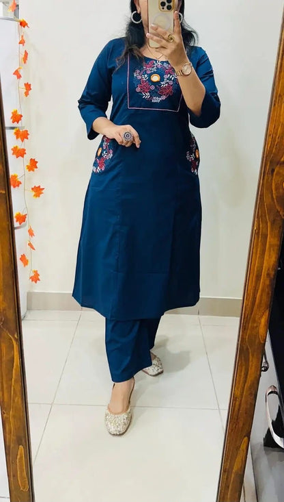 Cotton Straight Kurti Pant Set with Embroidery & Two Side Pockets
