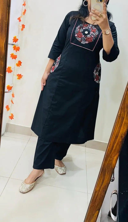 Cotton Straight Kurti Pant Set with Embroidery & Two Side Pockets