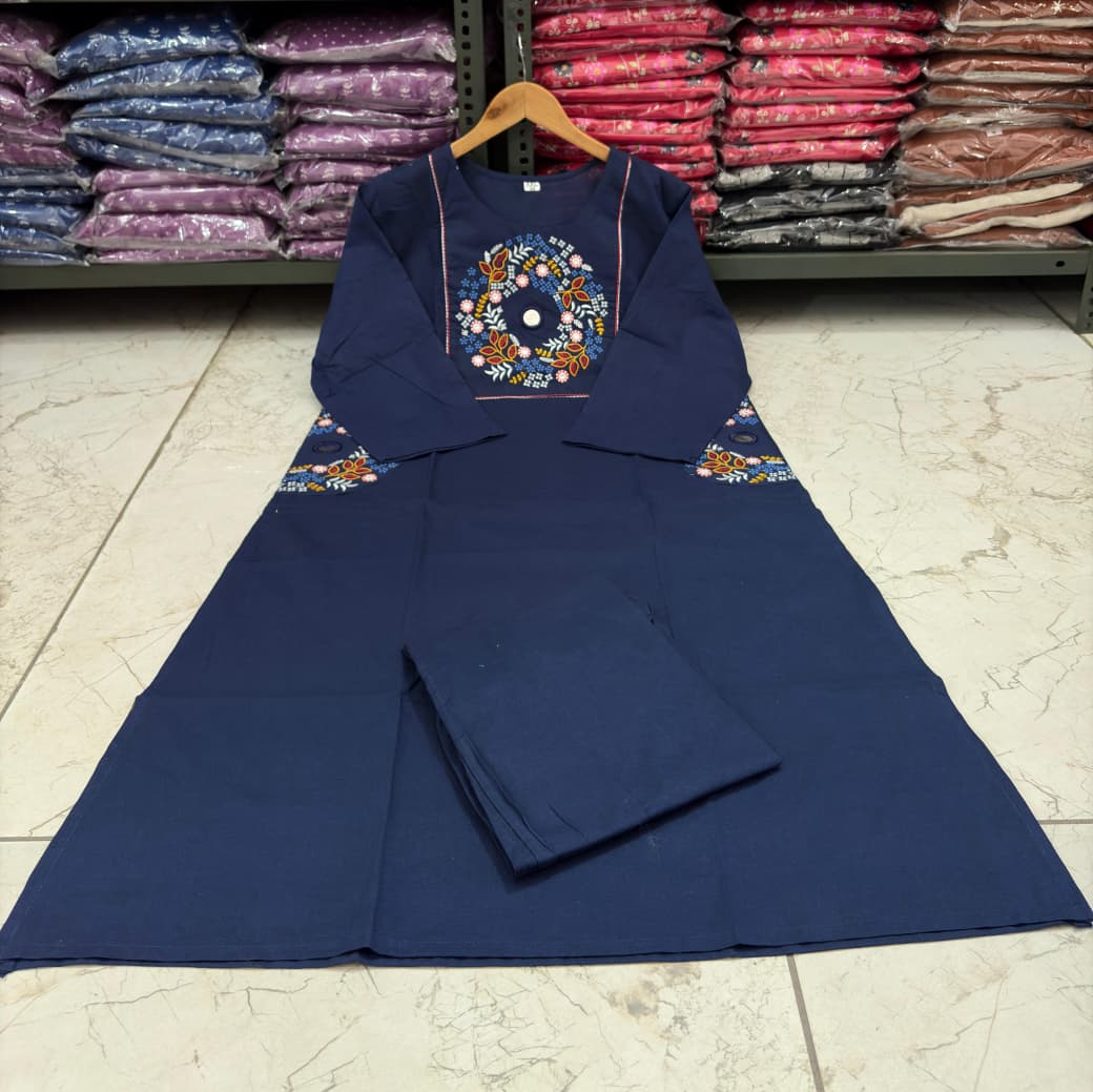 Cotton Straight Kurti Pant Set with Embroidery & Two Side Pockets