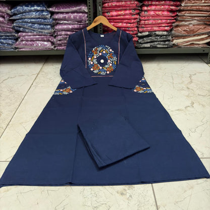 Cotton Straight Kurti Pant Set with Embroidery & Two Side Pockets