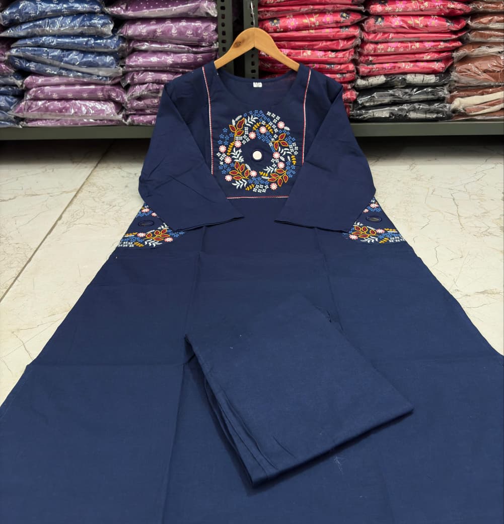 Cotton Straight Kurti Pant Set with Embroidery & Two Side Pockets