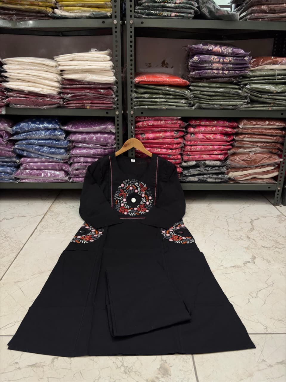Cotton Straight Kurti Pant Set with Embroidery & Two Side Pockets