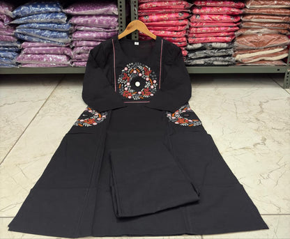 Cotton Straight Kurti Pant Set with Embroidery & Two Side Pockets