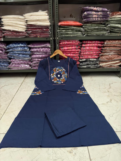 Cotton Straight Kurti Pant Set with Embroidery & Two Side Pockets