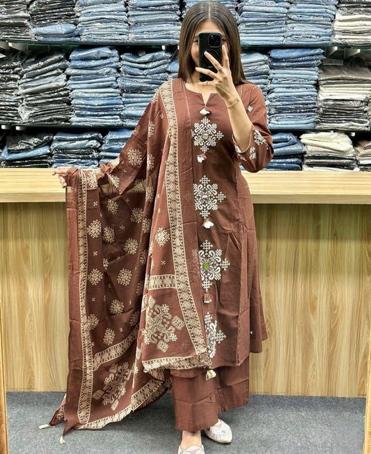 Cotton Straight Kurti Set with Embroidery & Printed Dupatta