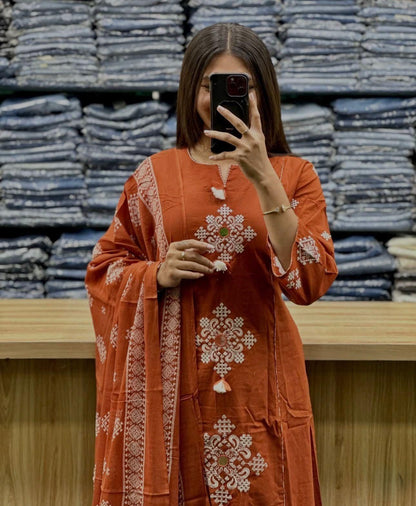 Cotton Straight Kurti Set with Embroidery & Printed Dupatta