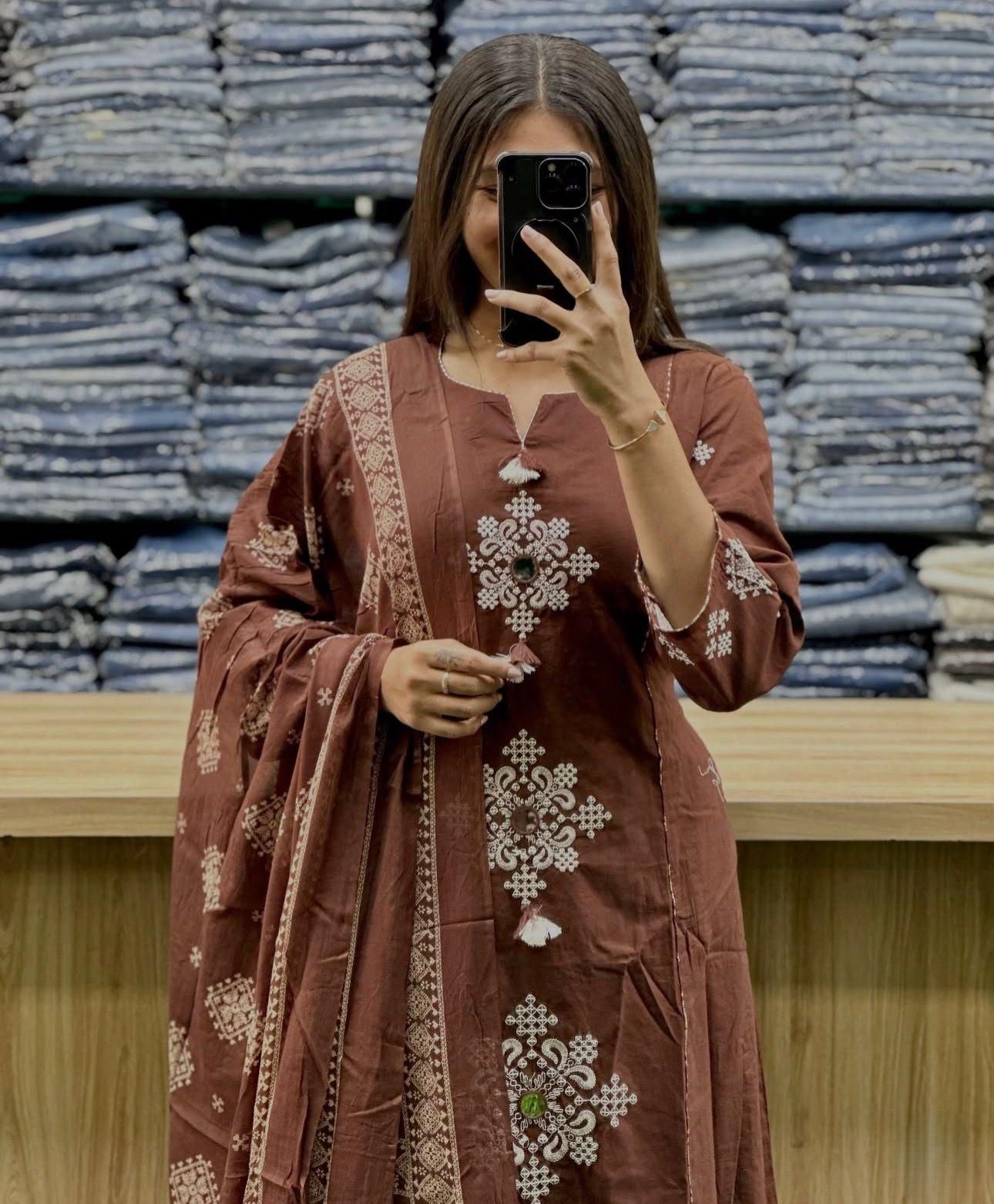 Cotton Straight Kurti Set with Embroidery & Printed Dupatta