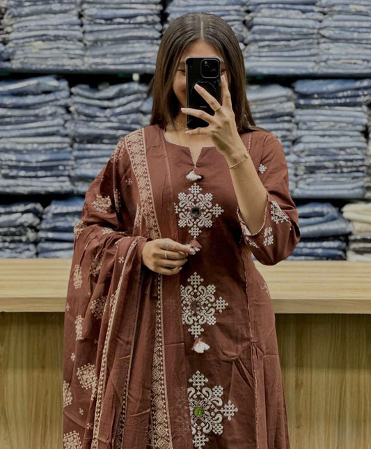 Cotton Straight Kurti Set with Embroidery & Printed Dupatta