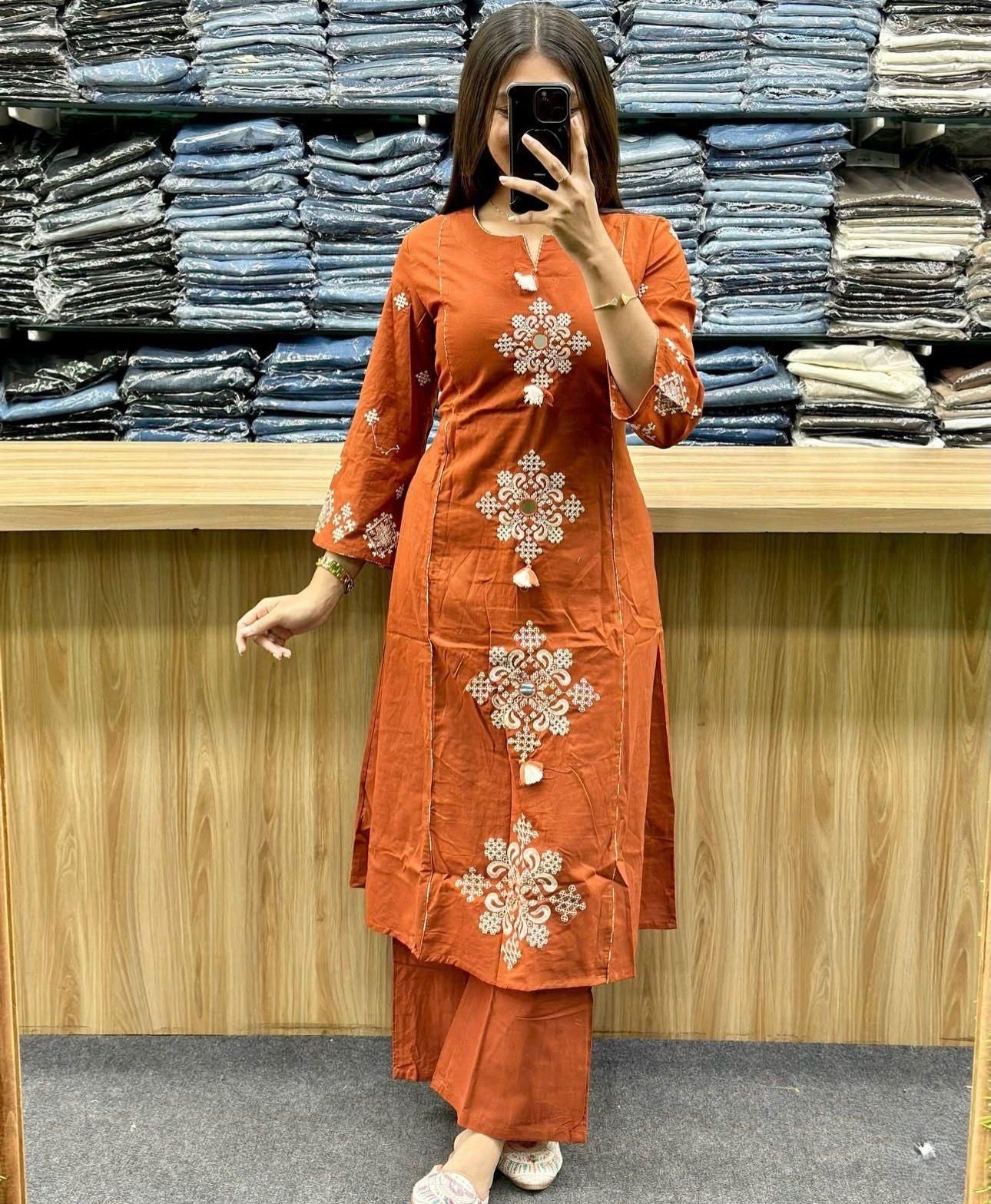 Cotton Straight Kurti Set with Embroidery & Printed Dupatta