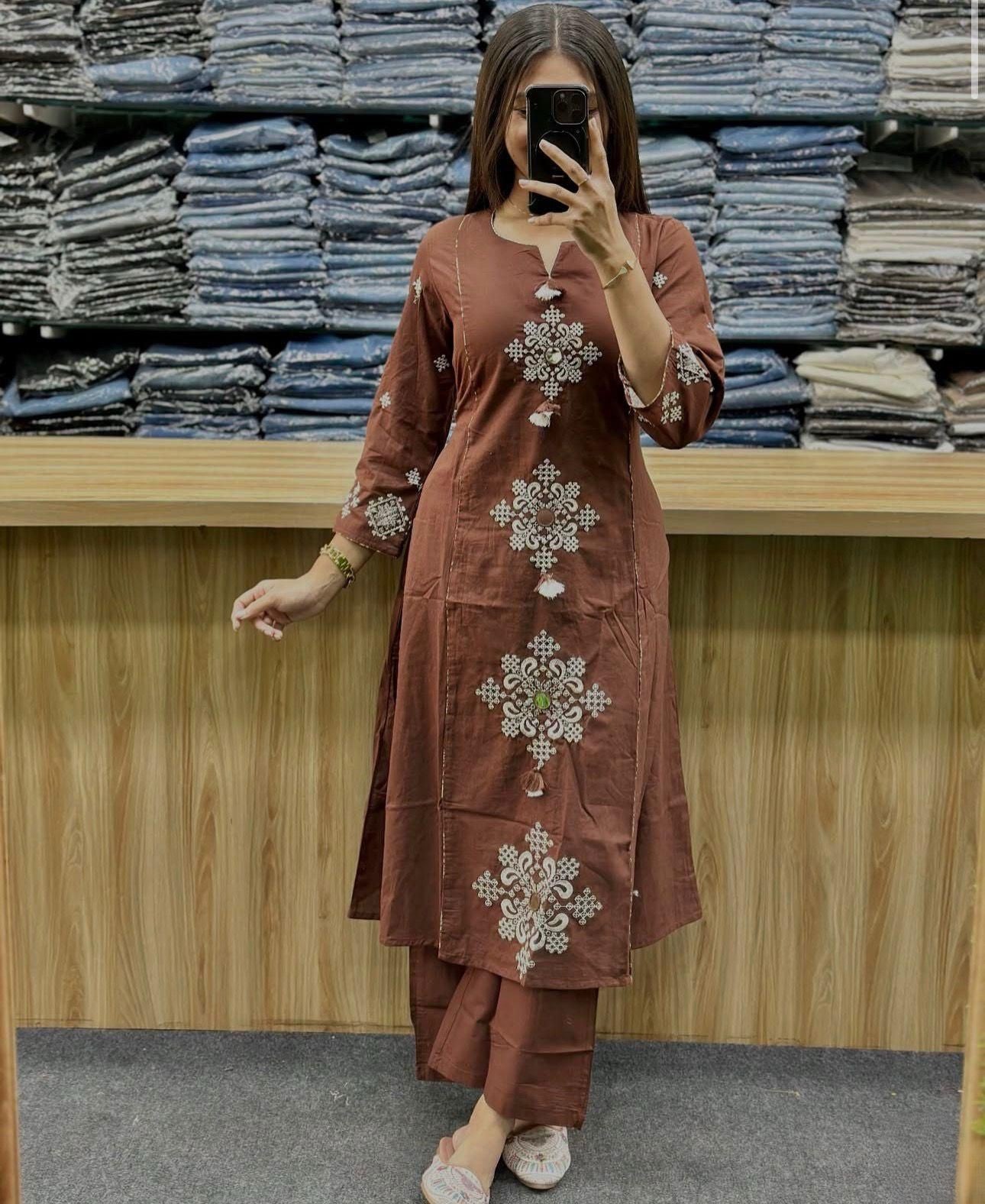 Cotton Straight Kurti Set with Embroidery & Printed Dupatta