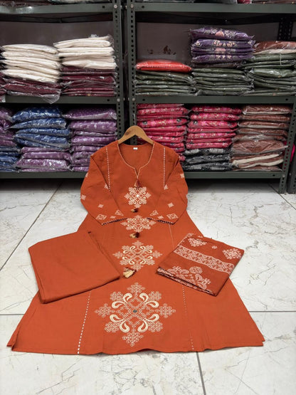 Cotton Straight Kurti Set with Embroidery & Printed Dupatta