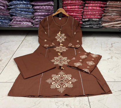 Cotton Straight Kurti Set with Embroidery & Printed Dupatta