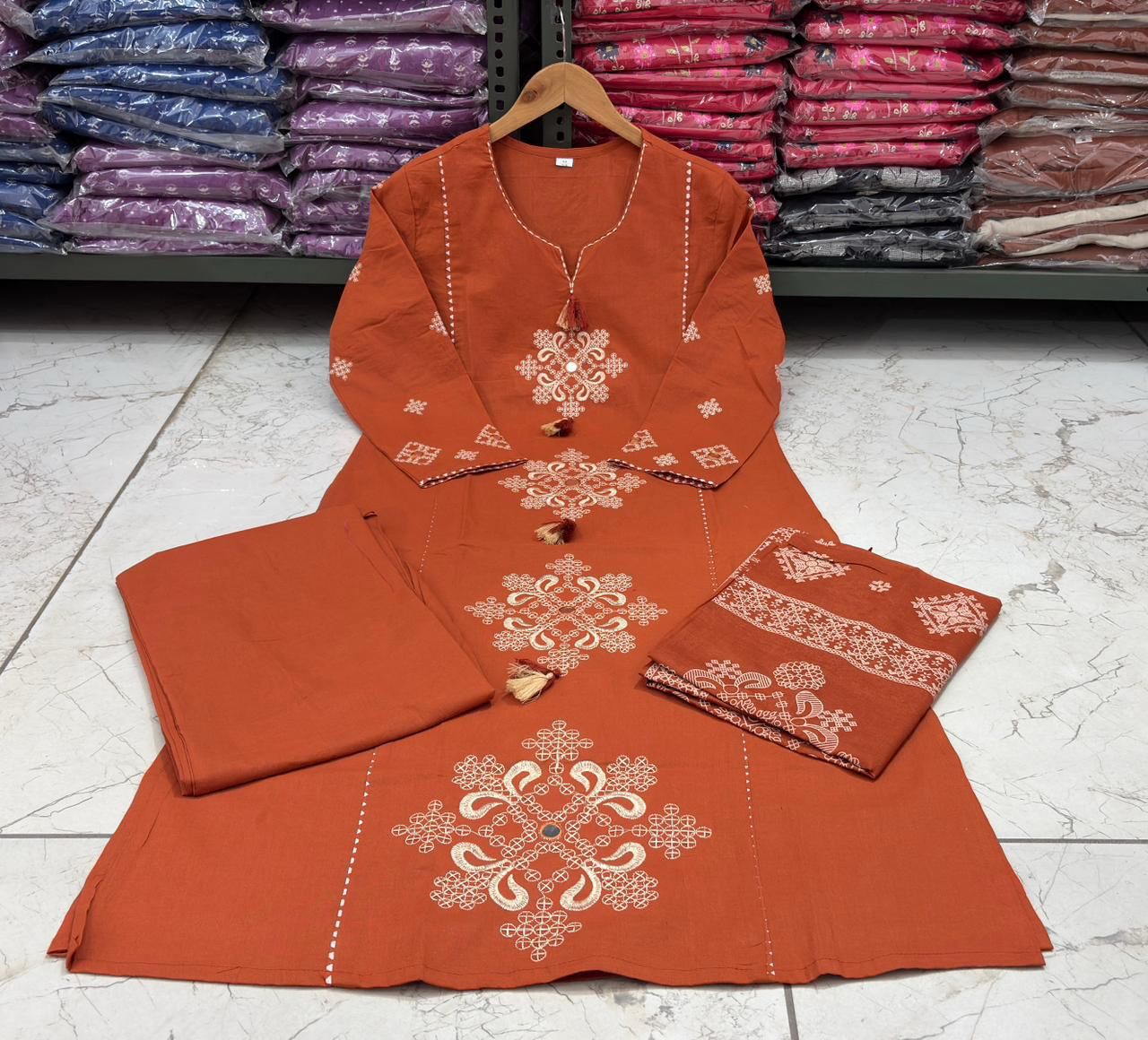Cotton Straight Kurti Set with Embroidery & Printed Dupatta