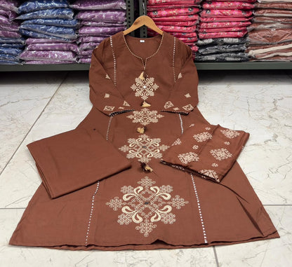 Cotton Straight Kurti Set with Embroidery & Printed Dupatta