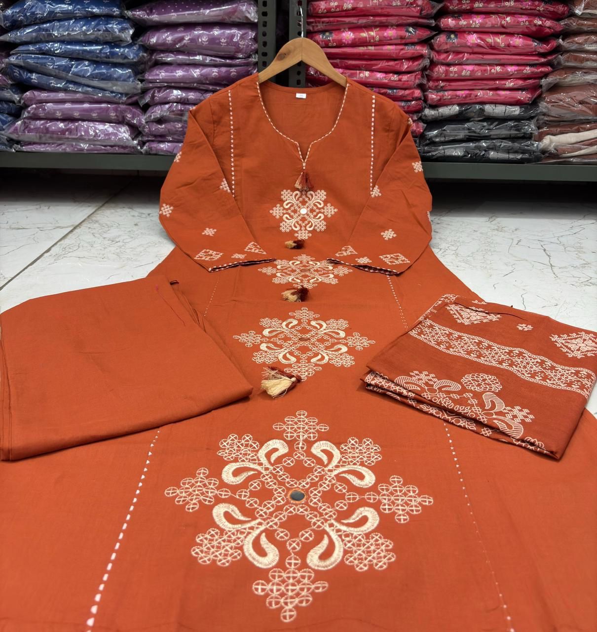 Cotton Straight Kurti Set with Embroidery & Printed Dupatta