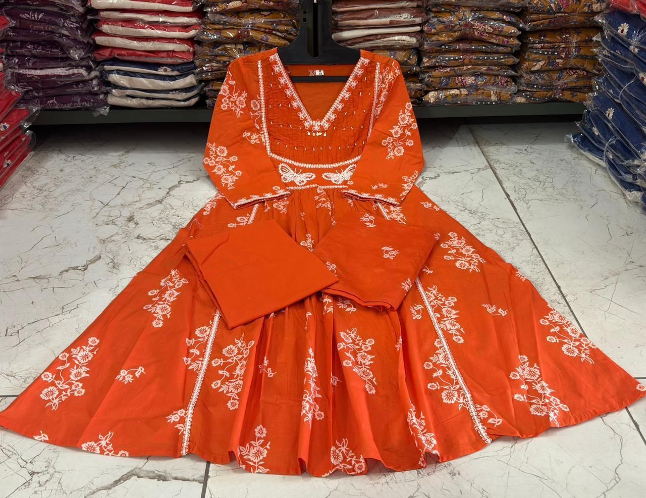 Cotton Suit Set with Discharge Print, Embroidery & Moti Work