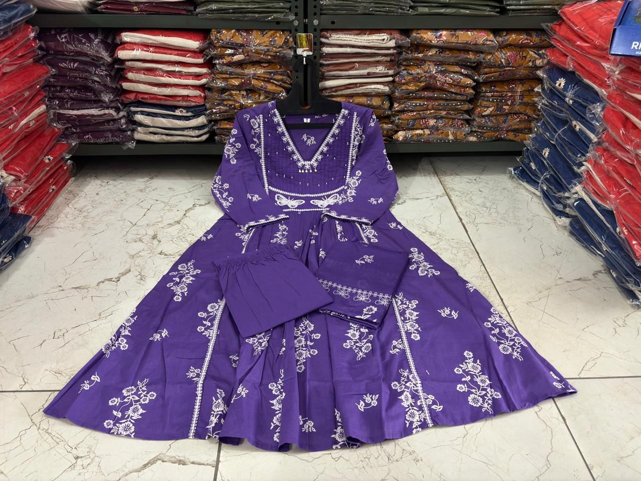 Cotton Suit Set with Discharge Print, Embroidery & Moti Work