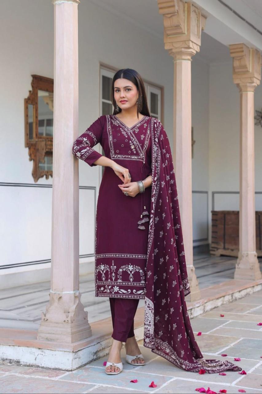 Cotton Suit Set with Katha & Mirror Work Kurti and Pant Dupatta Set