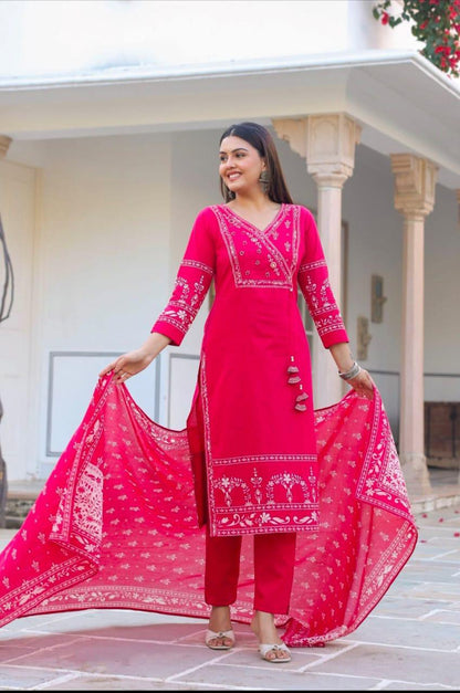 Cotton Suit Set with Katha & Mirror Work Kurti and Pant Dupatta Set