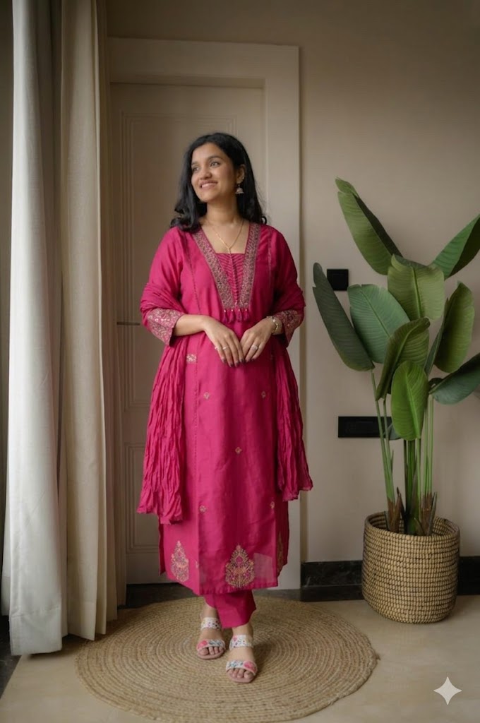 Cotton Suit Set with Thread Work Kurta, Pant & Dupatta