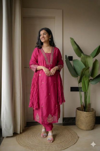 Cotton Suit Set with Thread Work Kurta, Pant & Dupatta