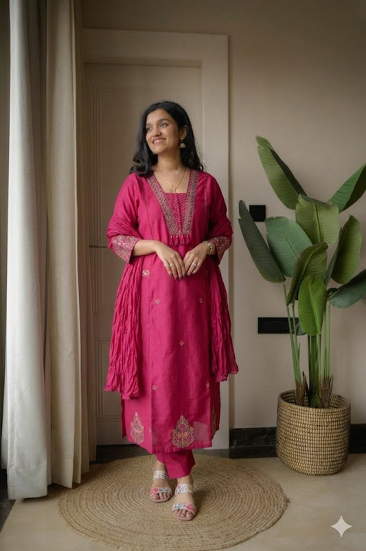Cotton Suit Set with Thread Work Kurta, Pant & Dupatta