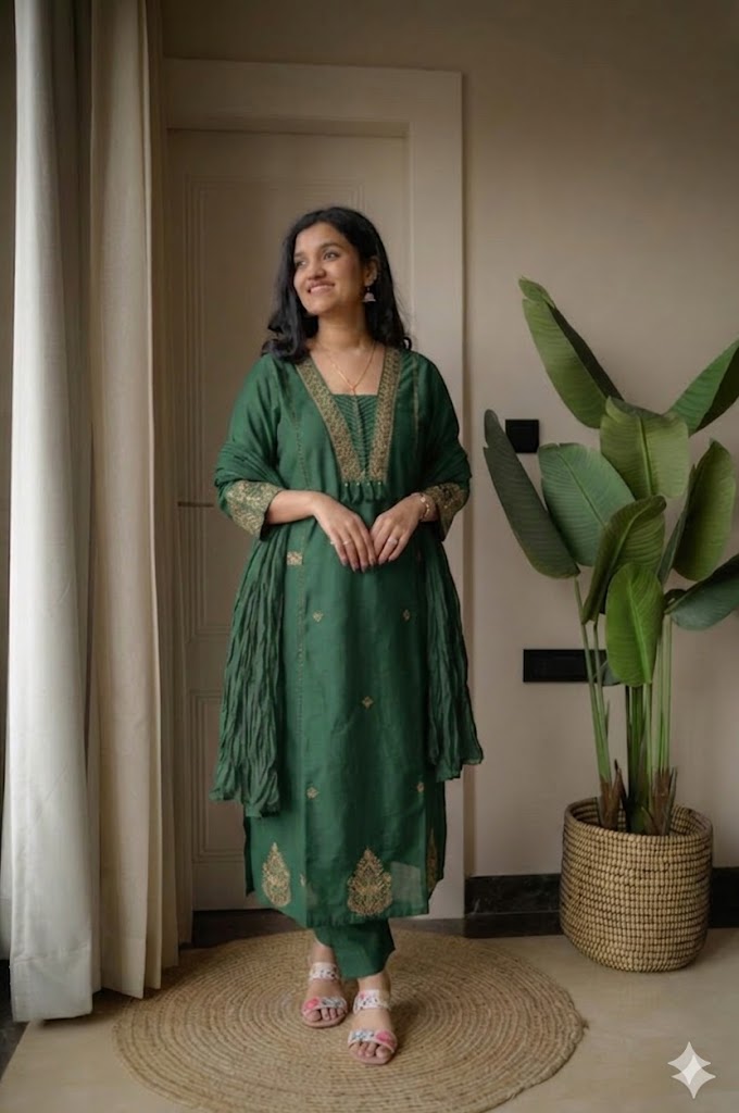 Cotton Suit Set with Thread Work Kurta, Pant & Dupatta