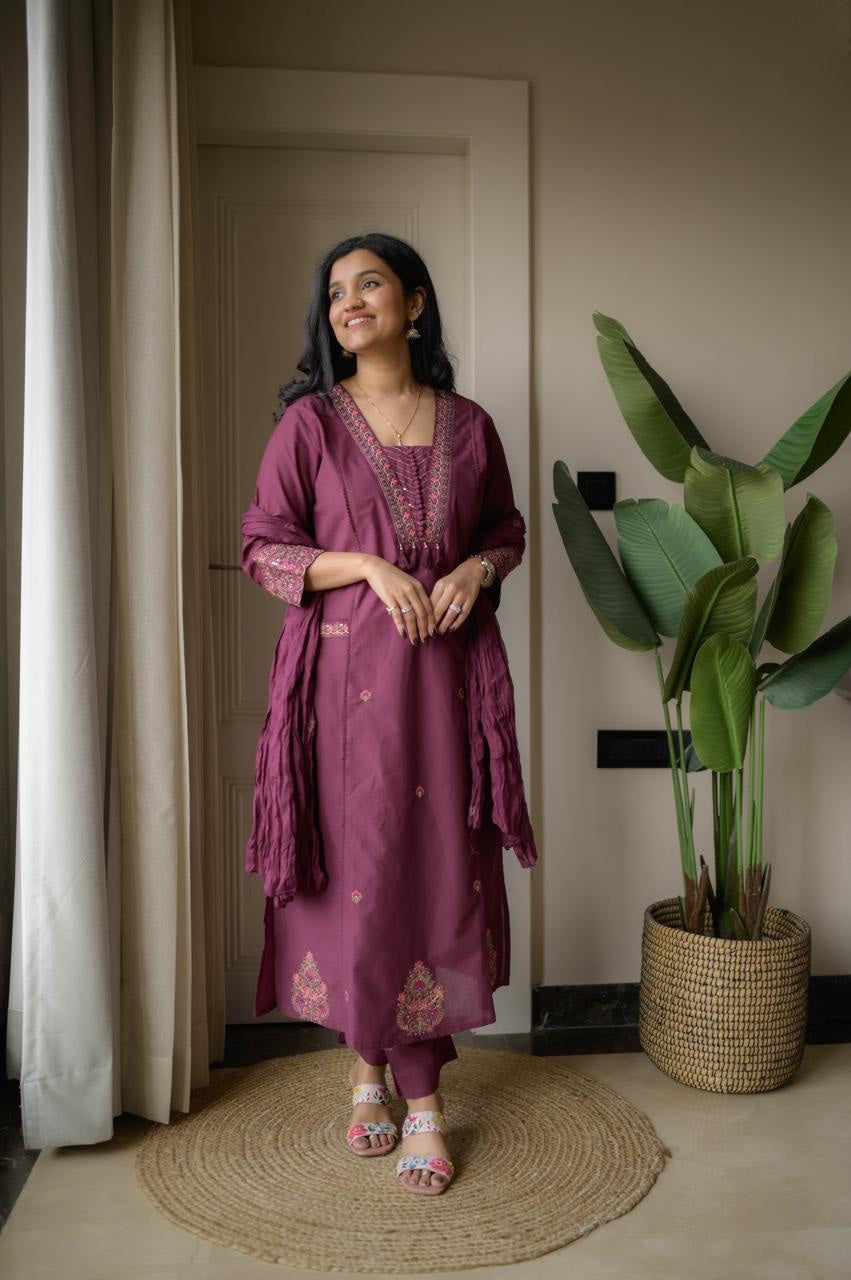 Cotton Suit Set with Thread Work Kurta, Pant & Dupatta