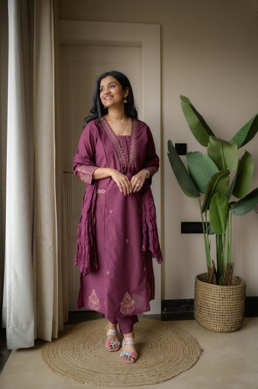 Cotton Suit Set with Thread Work Kurta, Pant & Dupatta