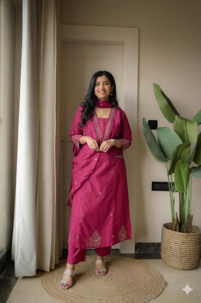 Cotton Suit Set with Thread Work Kurta, Pant & Dupatta