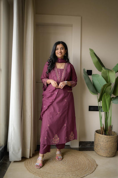 Cotton Suit Set with Thread Work Kurta, Pant & Dupatta