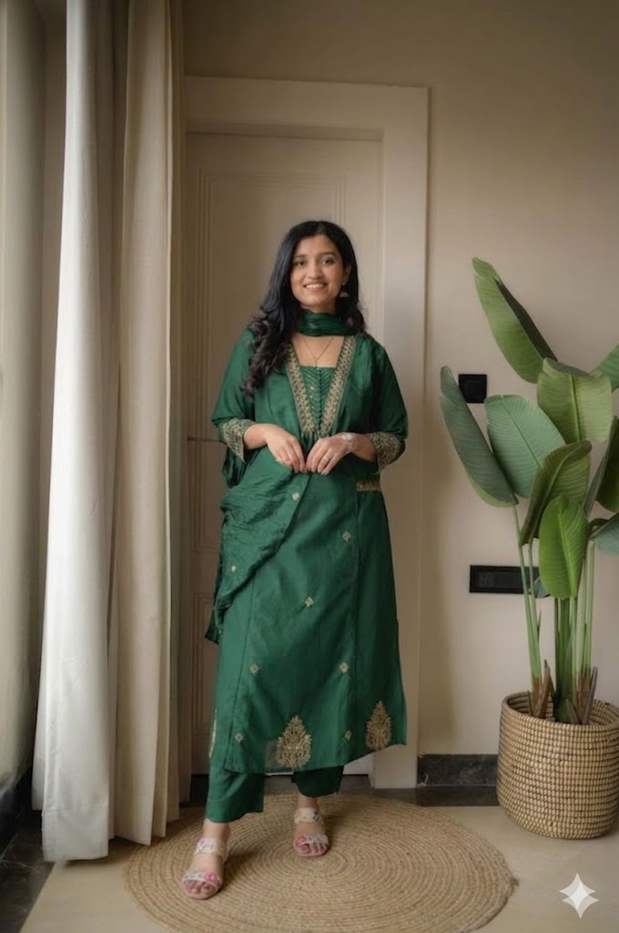 Cotton Suit Set with Thread Work Kurta, Pant & Dupatta