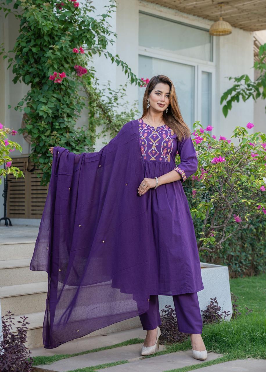 Cotton Suit with Embroidery, Pant & Dupatta