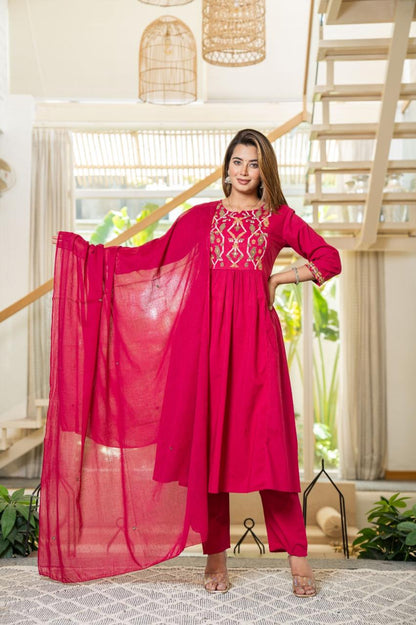 Cotton Suit with Embroidery, Pant & Dupatta