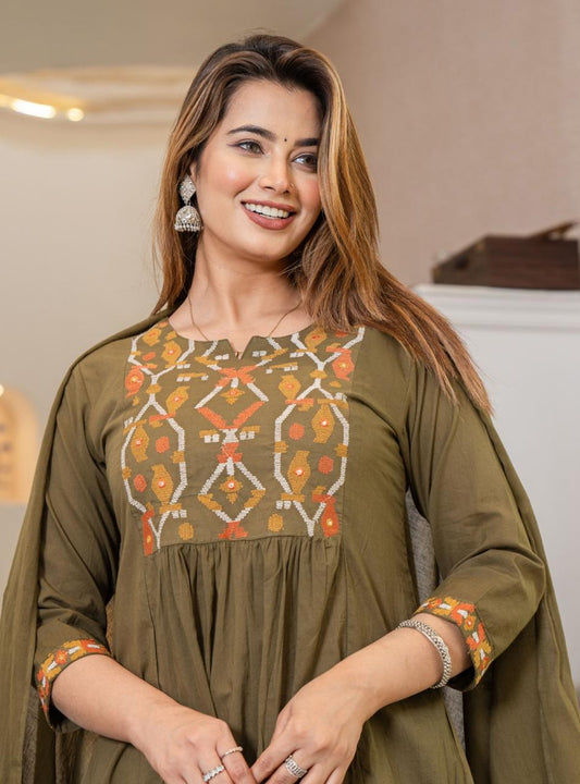 Cotton Suit with Embroidery, Pant & Dupatta