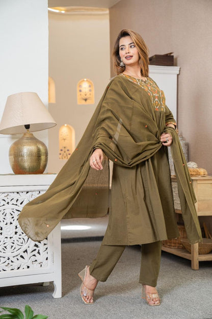 Cotton Suit with Embroidery, Pant & Dupatta