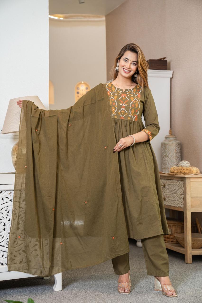Cotton Suit with Embroidery, Pant & Dupatta