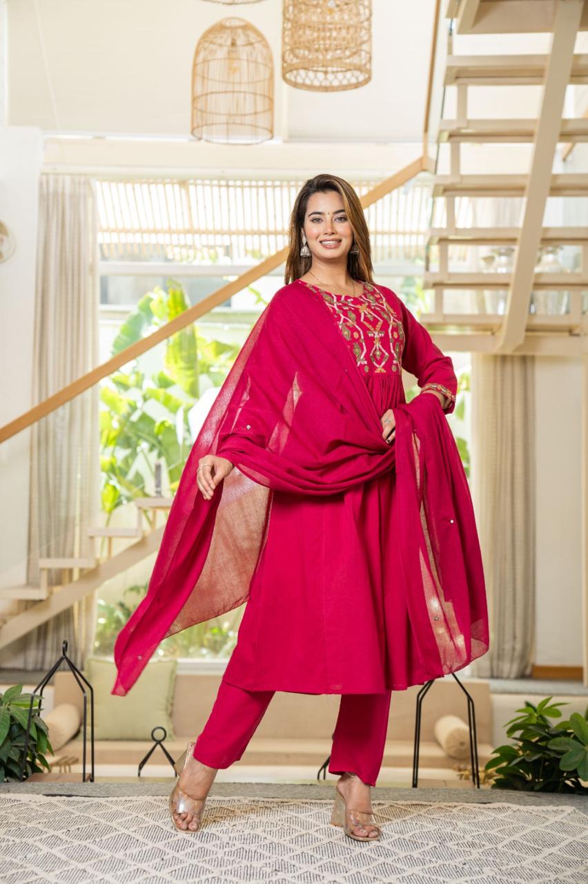 Cotton Suit with Embroidery, Pant & Dupatta