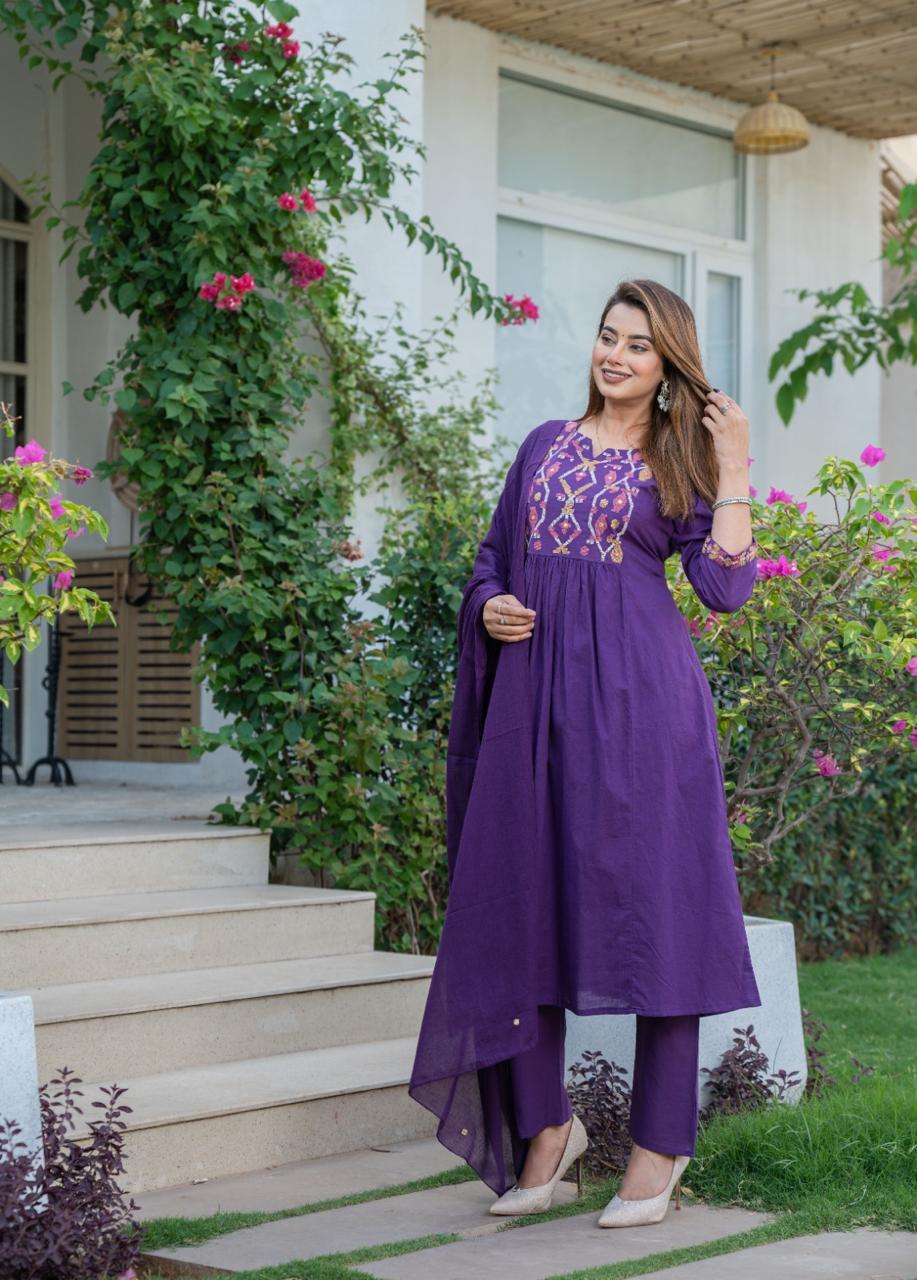 Cotton Suit with Embroidery, Pant & Dupatta