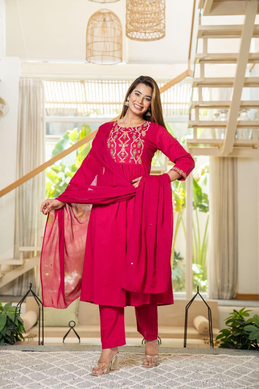 Cotton Suit with Embroidery, Pant & Dupatta