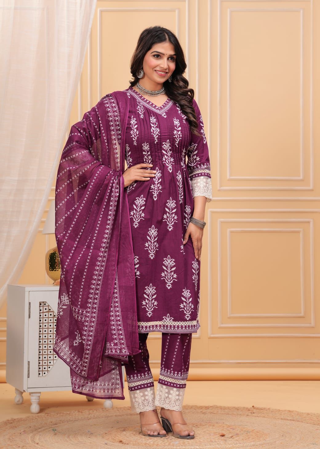 Cotton Suit with Pleated V-Neck Top, Lace Detailing, and Printed Dupatta