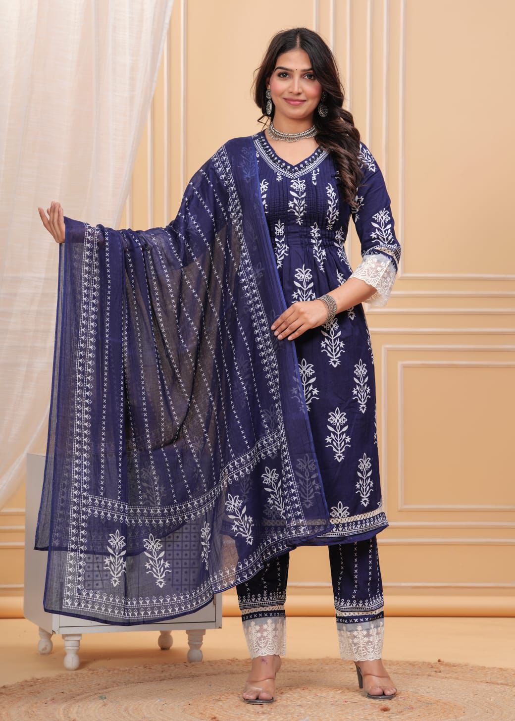 Cotton Suit with Pleated V-Neck Top, Lace Detailing, and Printed Dupatta