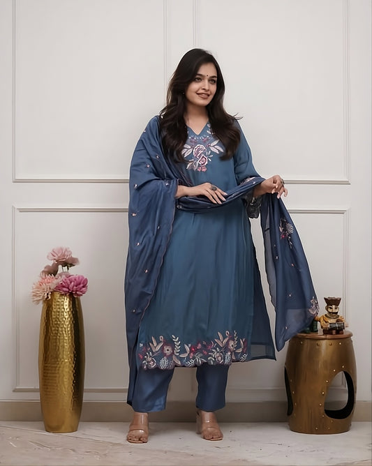 Cotton Thread Embroidered Straight Kurti Pant Set with Malmal Dupatta