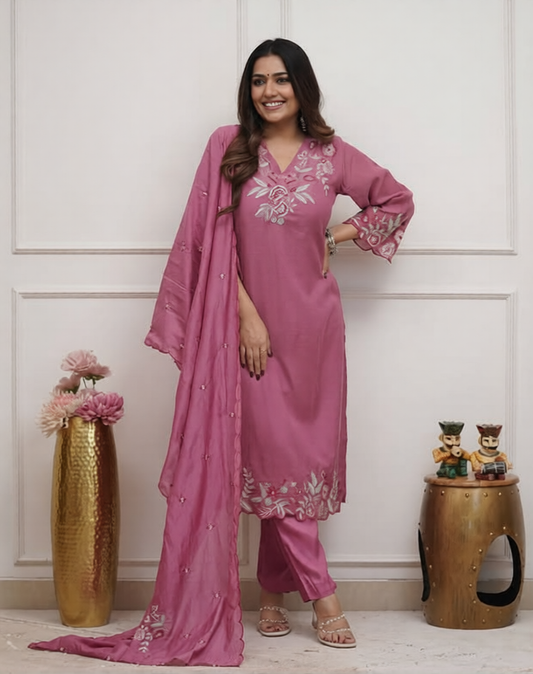 Cotton Thread Embroidered Straight Kurti Pant Set with Malmal Dupatta