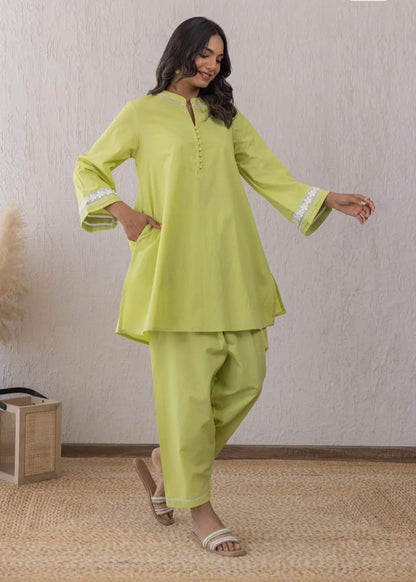 Cotton Top with Potli Button and Lace Detailing - Set with Cotton Pant